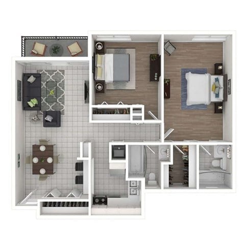 Floor plan for 2 beds, 2 baths, 842 sqft